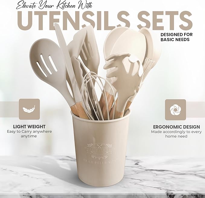 Bella Vita 12-Piece Silicone Kitchen Set with Wooden Handles