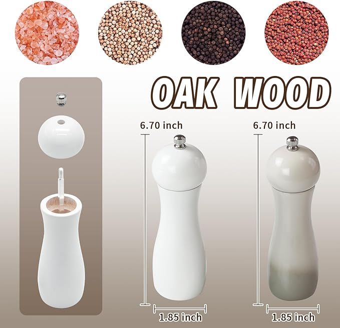 White Ashwood Salt and Pepper Grinder Set - 6.5 inch Adjustable Coarseness