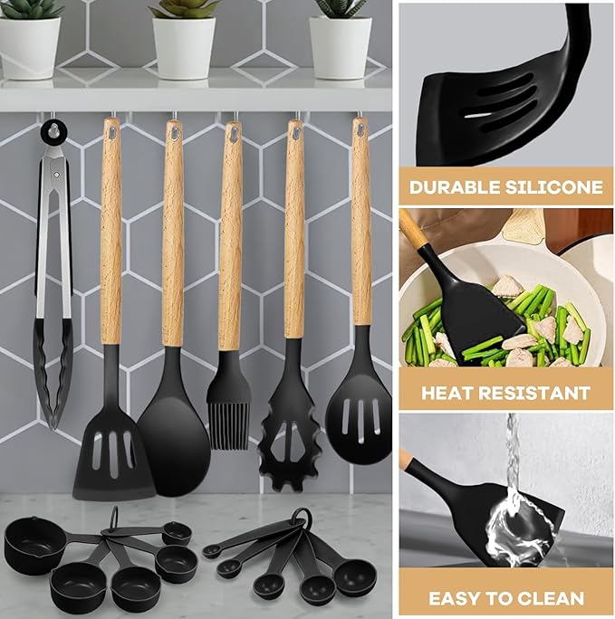 Silicone Cooking Utensils Set 22 PCS Kitchen Utensils Set 446℉ Heat Resistant Non-Stick Silicone Cooking Kitchen Utensils with Wooden Handle Kitchen Gadgets Tools Set for Nonstick Cookware