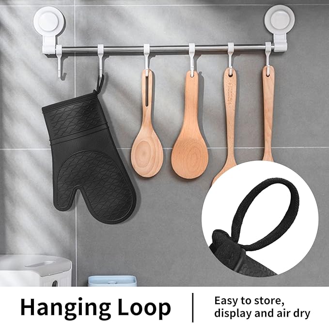 Silicone Grip Oven Mitts 600°F - Pair of Black Waterproof Gloves