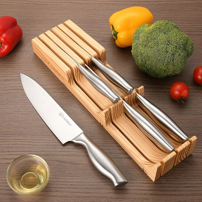 KATISUN 6-Piece Chef's Knife Set with Pine Block Organizer