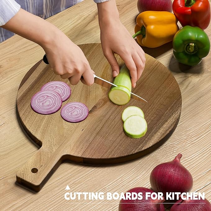 Acacia Elegance Round Cutting Board 16.5x13 - Large Wood Board with Handle