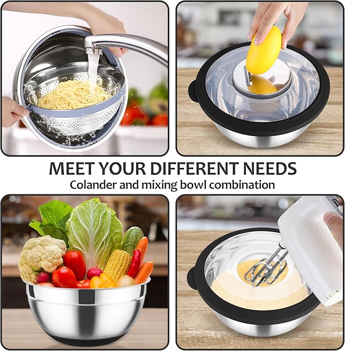 E-far Steel Colander & Bowl Set with Graters - Black