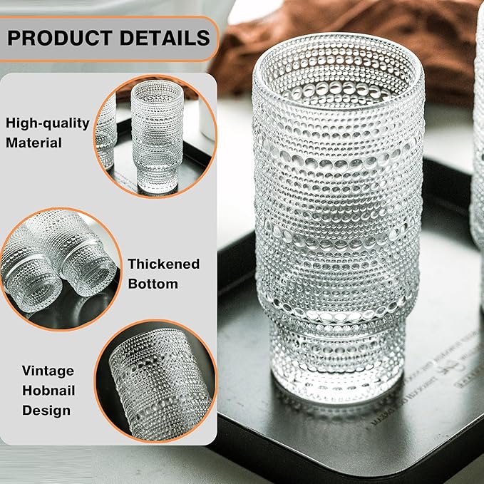 KEMORELA Classic Hobnail Drinkware Set - Crystal Clear Glass, Multipurpose Cups (4 Pack: 13 & 14 oz)