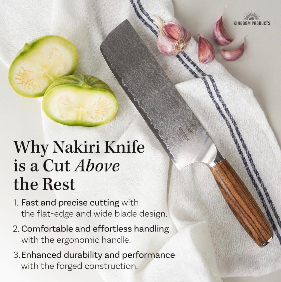 Japanese Nakiri Knife - 7" Razor Sharp Kitchen Knife for Dicing Slicing & Chopping Vegetables Fruit & Meat - Professional Chef Style Knife in Damascus Carbon Steel and Ergonomic Handle