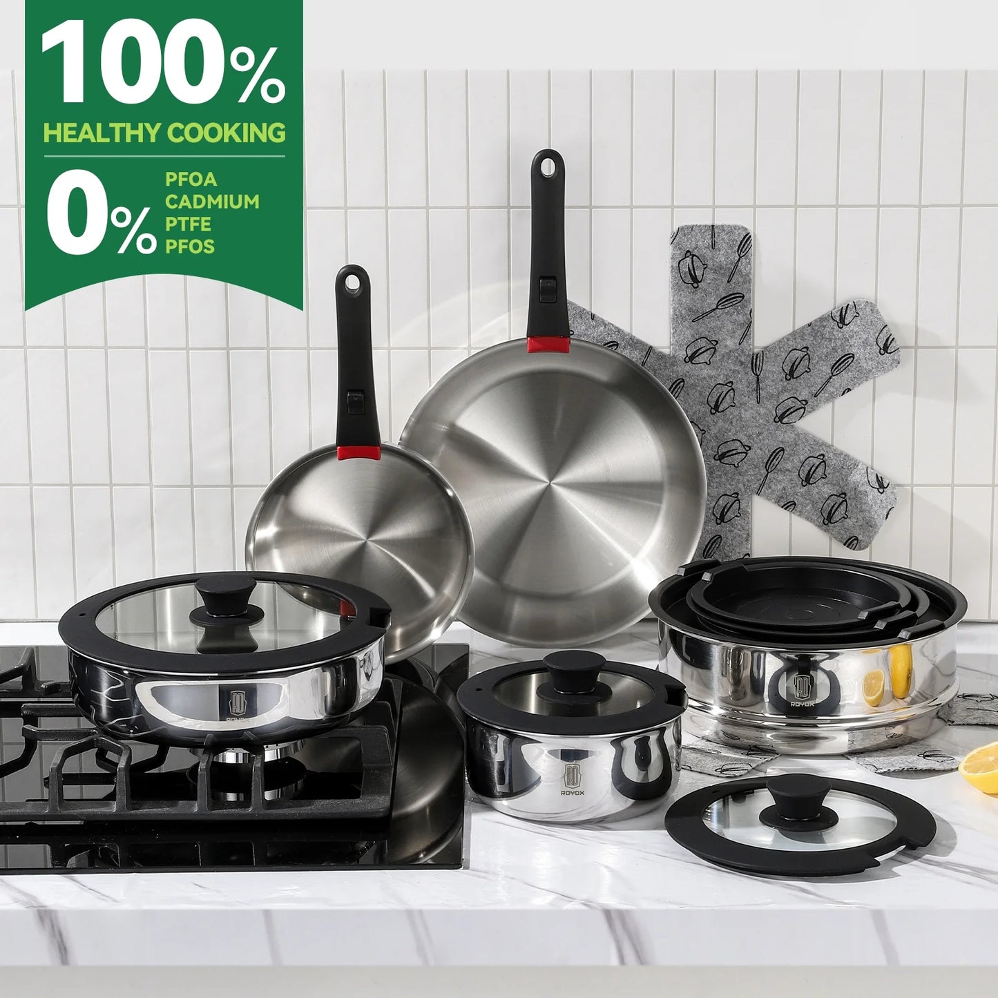 ROYDX 16pc Stackable Cookware Set: Stainless Steel, Detachable, Induction Ready