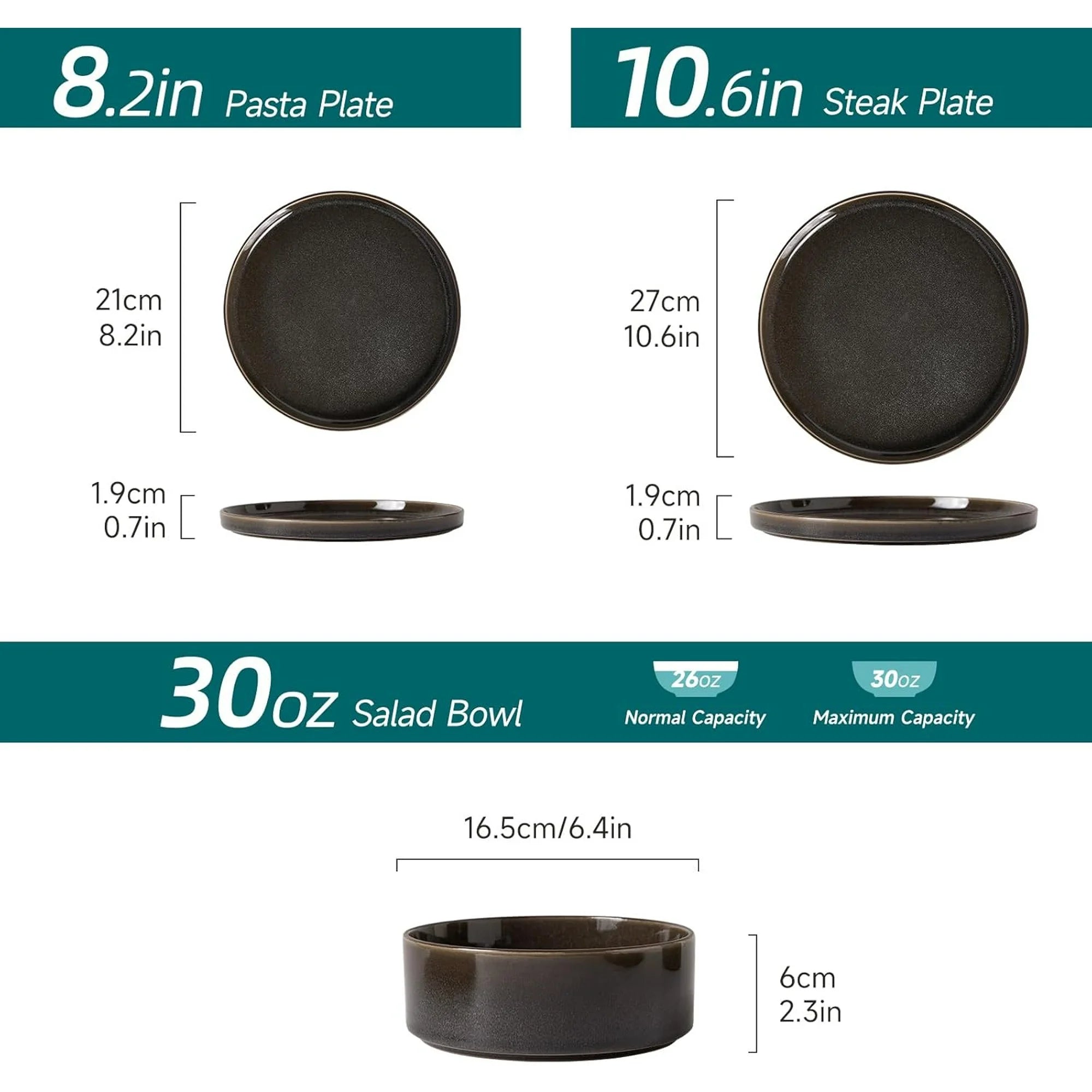 MONITO 12-Piece Ceramic Dining Set - Microwave & Dishwasher Safe, Black