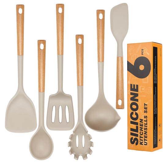 6Pc Silicone Chef's Tools Set with Wooden Handles