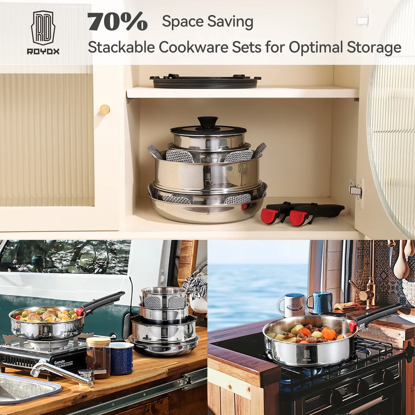 ROYDX 16pc Stackable Cookware Set: Stainless Steel, Detachable, Induction Ready