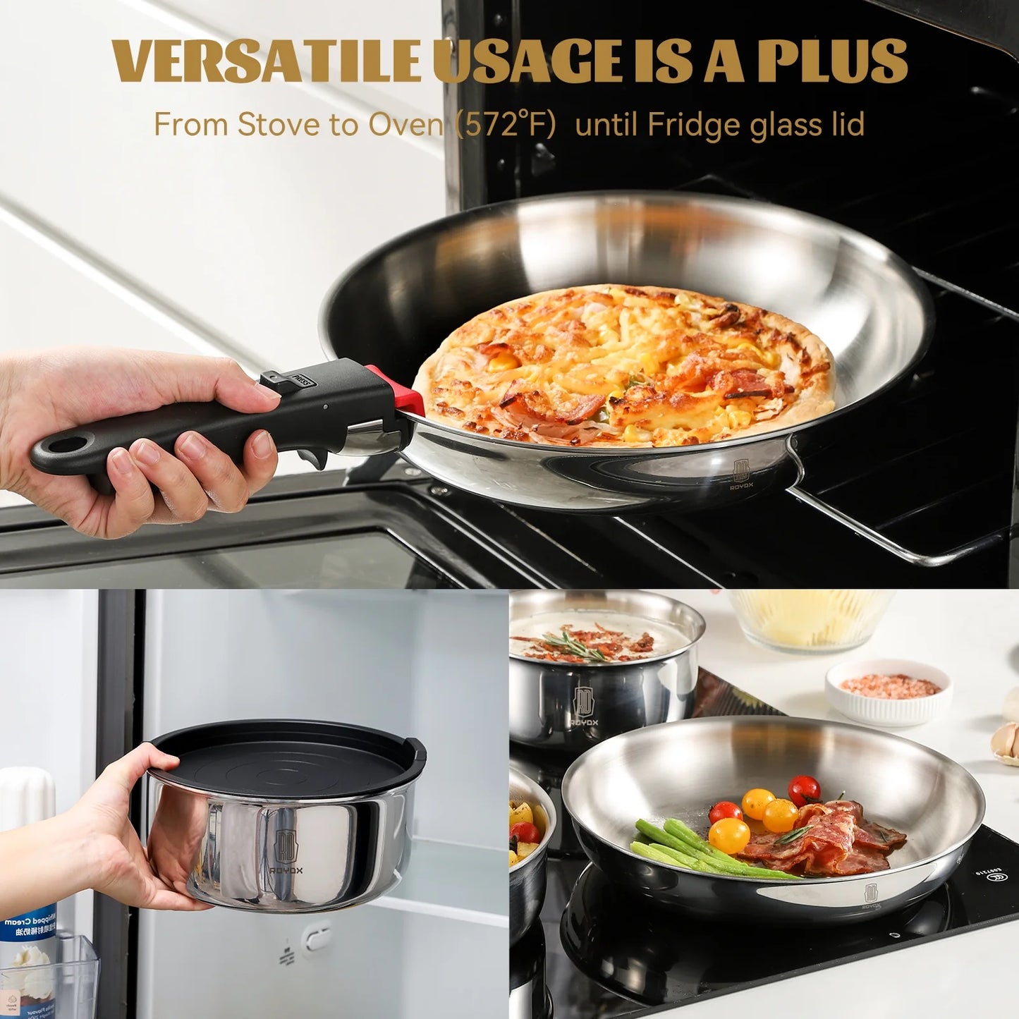 ROYDX 16pc Stackable Cookware Set: Stainless Steel, Detachable, Induction Ready