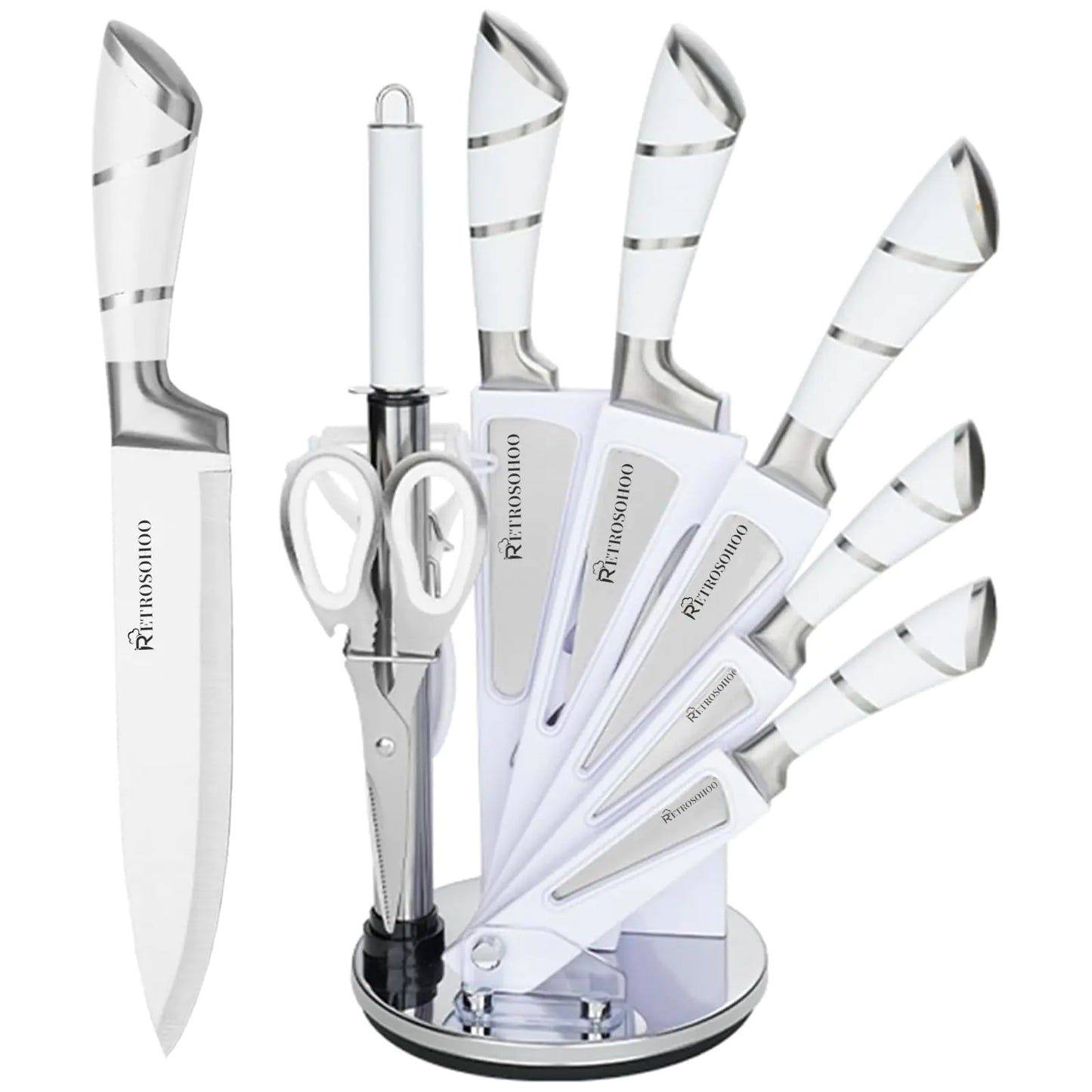 Retrosohoo 9-Piece Elegant White Chef Knives Set with Sharpener and Stand