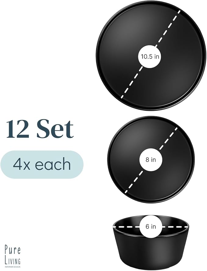 Jet Black 12-Piece Melamine Dinner Set for 4