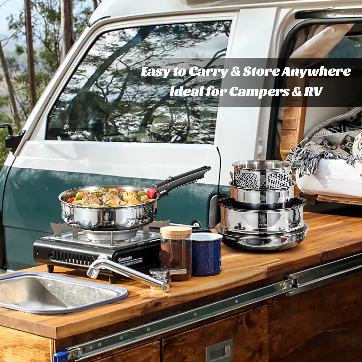 ROYDX 16pc Stackable Cookware Set: Stainless Steel, Detachable, Induction Ready