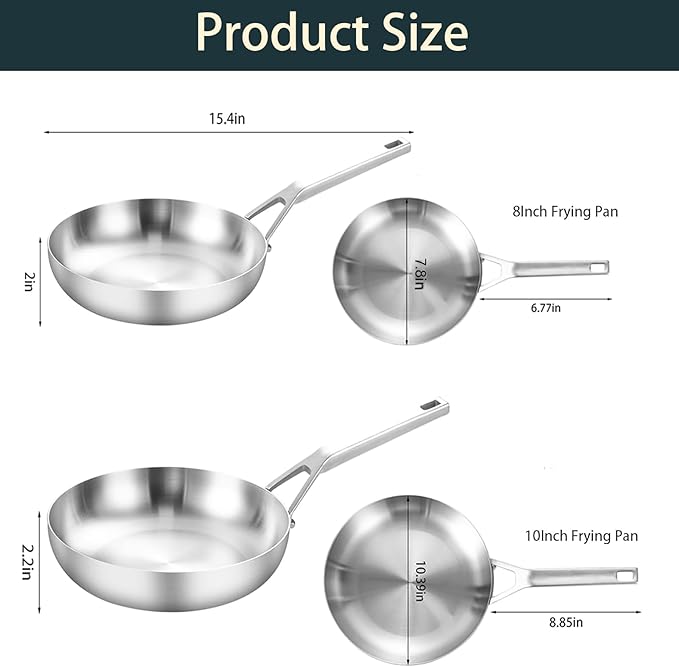Yeksum Dual-Size Stainless Steel Skillet Pair, Induction and Oven Safe