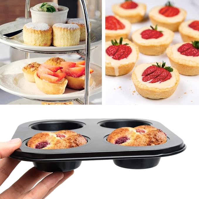 4-Slot Non-Stick Muffin Pan - Carbon Steel Cupcake Tray - Black