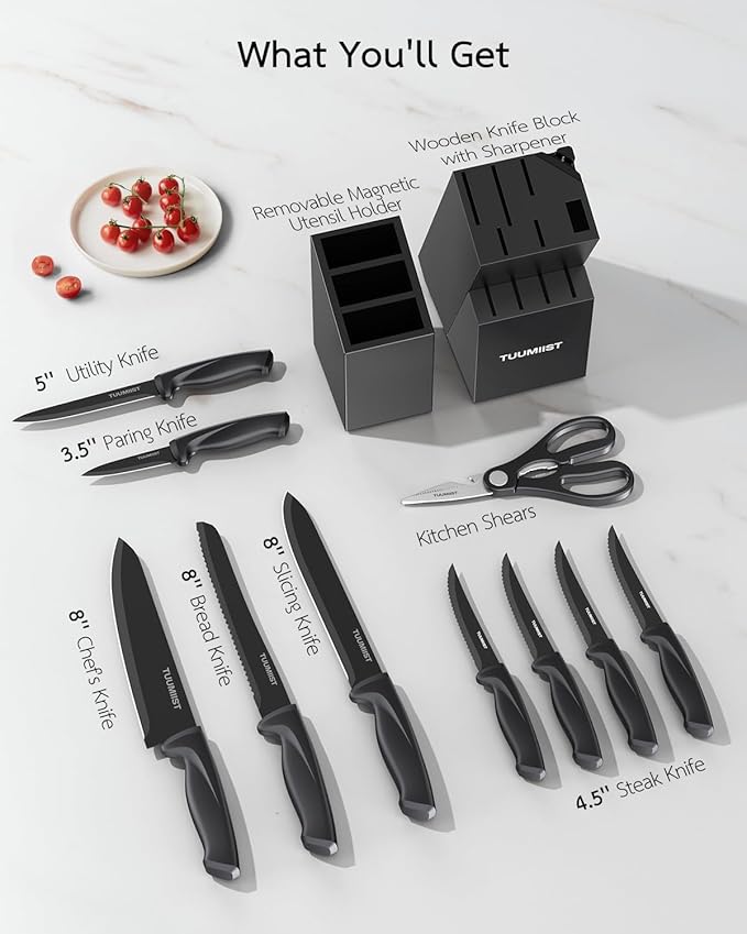 TUUMIIST 18-Piece Essential Knife & Utensil Set with Block and Holder