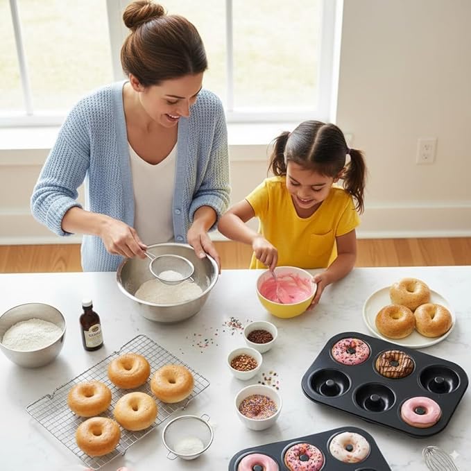 Bakelite Mini Donut Maker Set - 2 Non-Stick 6-Cavity Carbon Steel Pans