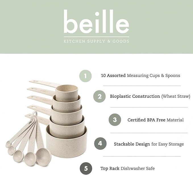 Beille Cream Wheat Straw Measuring Cups Spoons Set Cooking Baking Tools 10pc