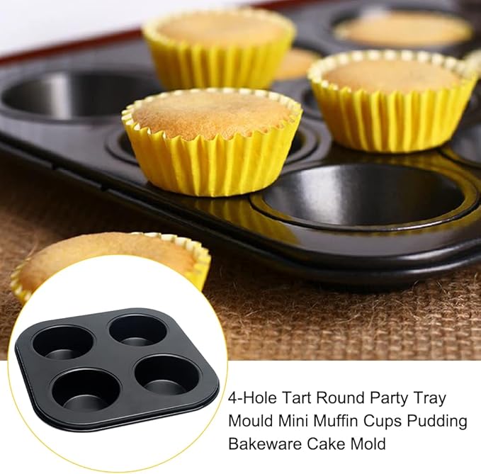 4-Slot Non-Stick Muffin Pan - Carbon Steel Cupcake Tray - Black