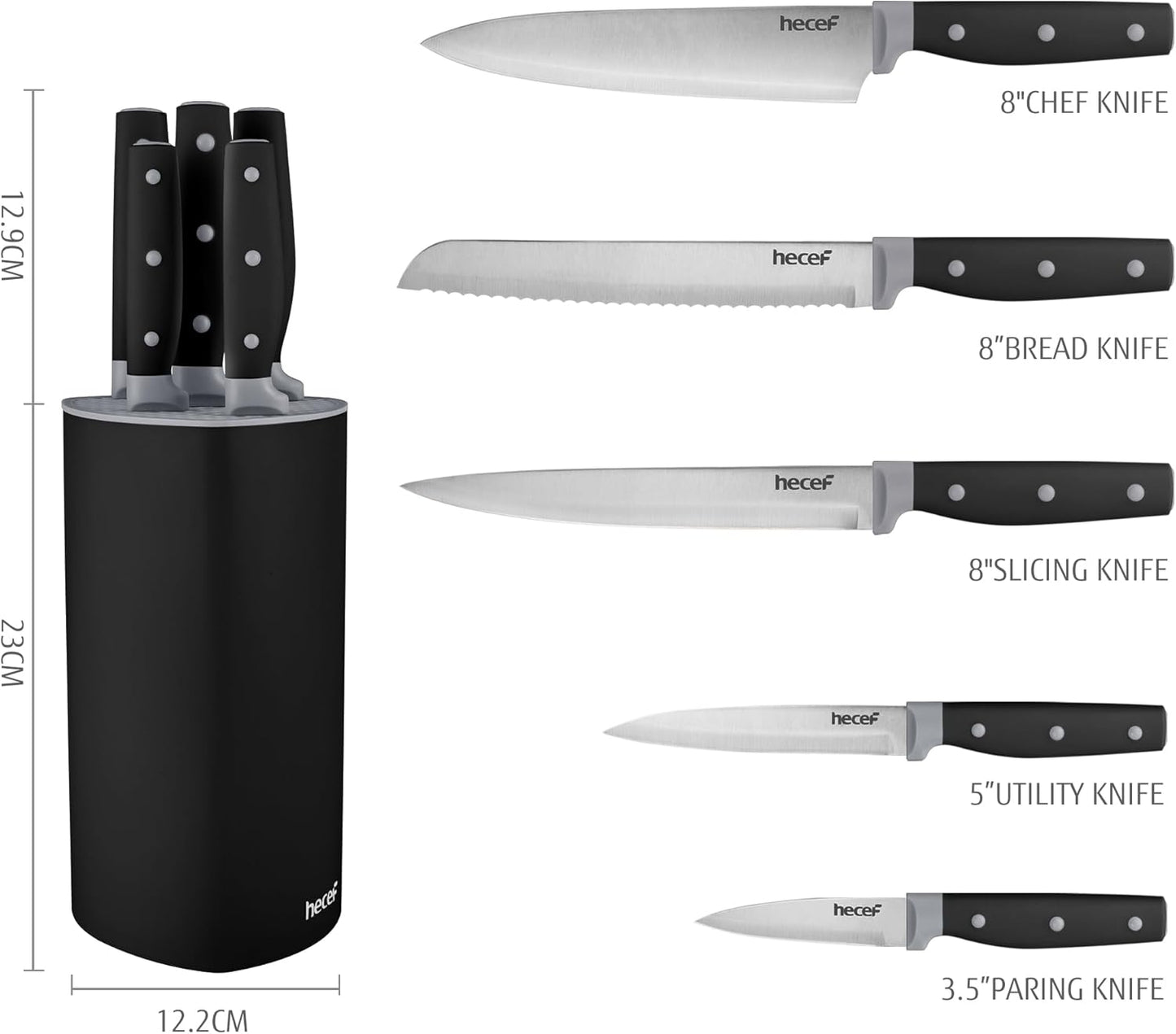 hecef 6-Piece Stainless Steel Knife Set with Block