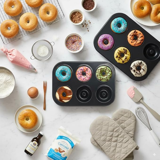 Bakelite Mini Donut Maker Set - 2 Non-Stick 6-Cavity Carbon Steel Pans