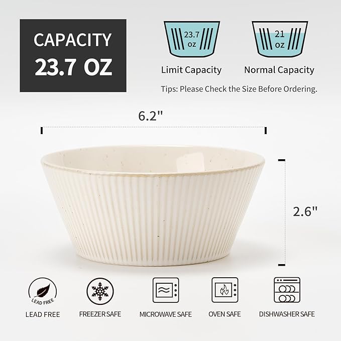 JIEMEI Striped Ceramic Bowls 24oz - Set of 4 for Soup, Salad, Dessert - Microwave & Dishwasher Safe