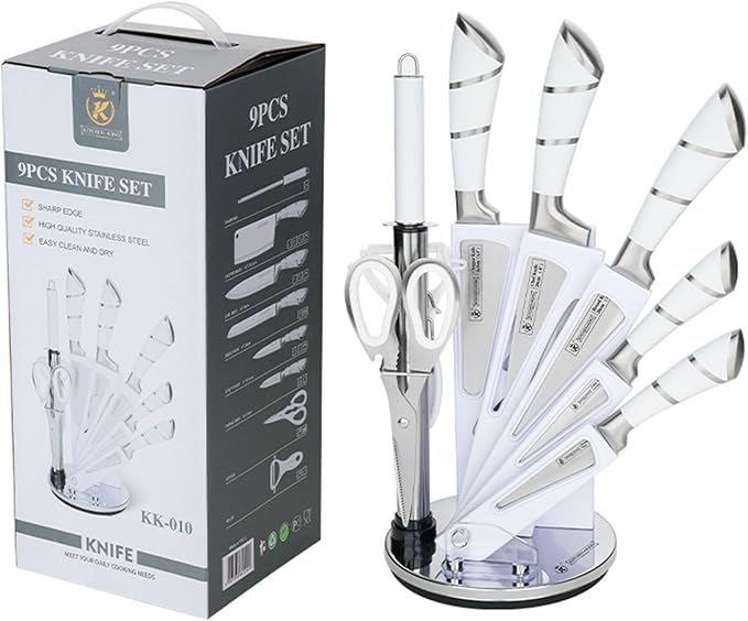 Retrosohoo 9-Piece Elegant White Chef Knives Set with Sharpener and Stand