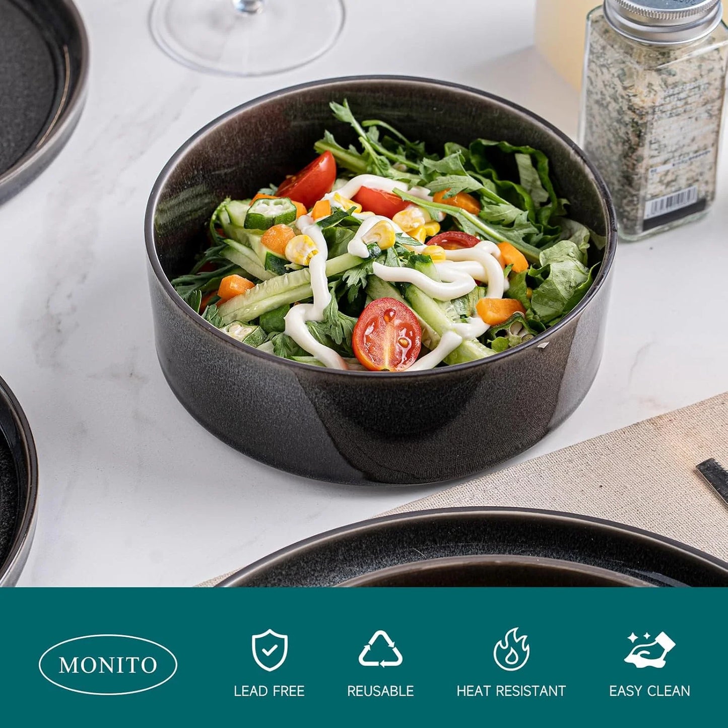 MONITO 12-Piece Ceramic Dining Set - Microwave & Dishwasher Safe, Black