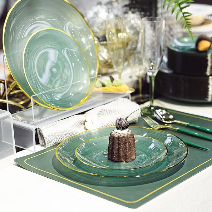 Elegant Green 100PC Plastic Plate Set with Gold Rim