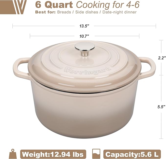 VORRINGARD Enameled Cast Iron Dutch Oven Pot with Lid for Sourdough Bread Baking Round Dutch Ovens 6 Quart Latte