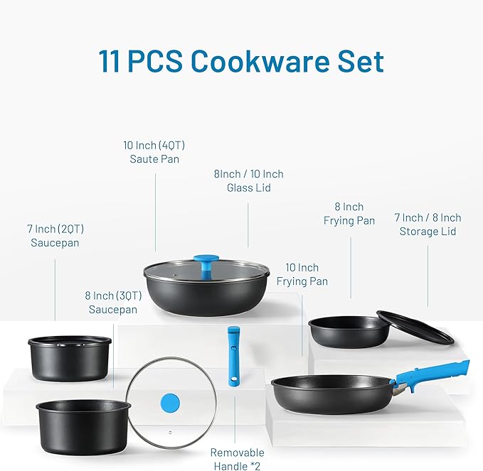 CAROTE 11-Piece Wave Blue Cookware Set with Detachable Handles