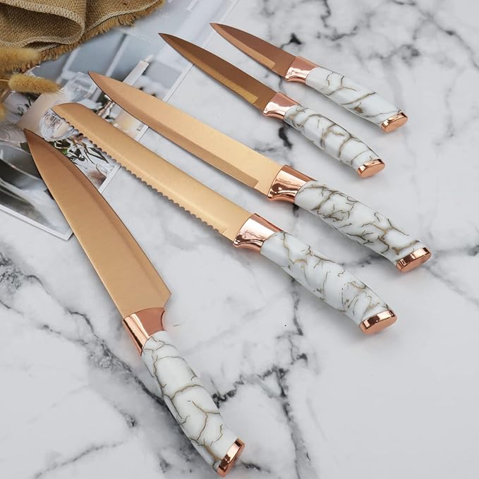 Champagne Gold 6-Piece Knife Set with Marble Handle