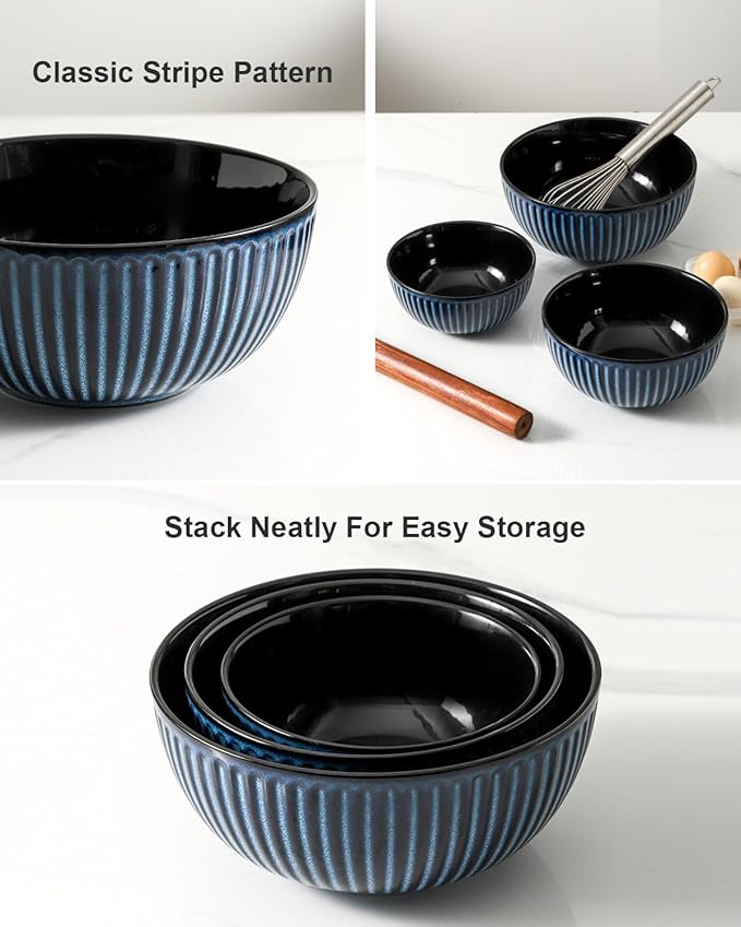 Hasense Navy Ceramic Nesting Bowls 3-Piece Set