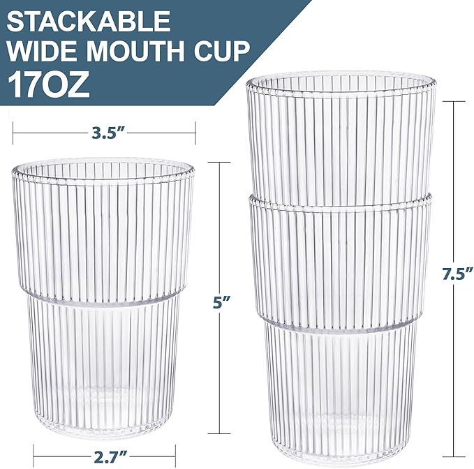 CLARITY 17OZ Stackable Acrylic Glass Set - 8 Unbreakable BPA-Free Tumblers