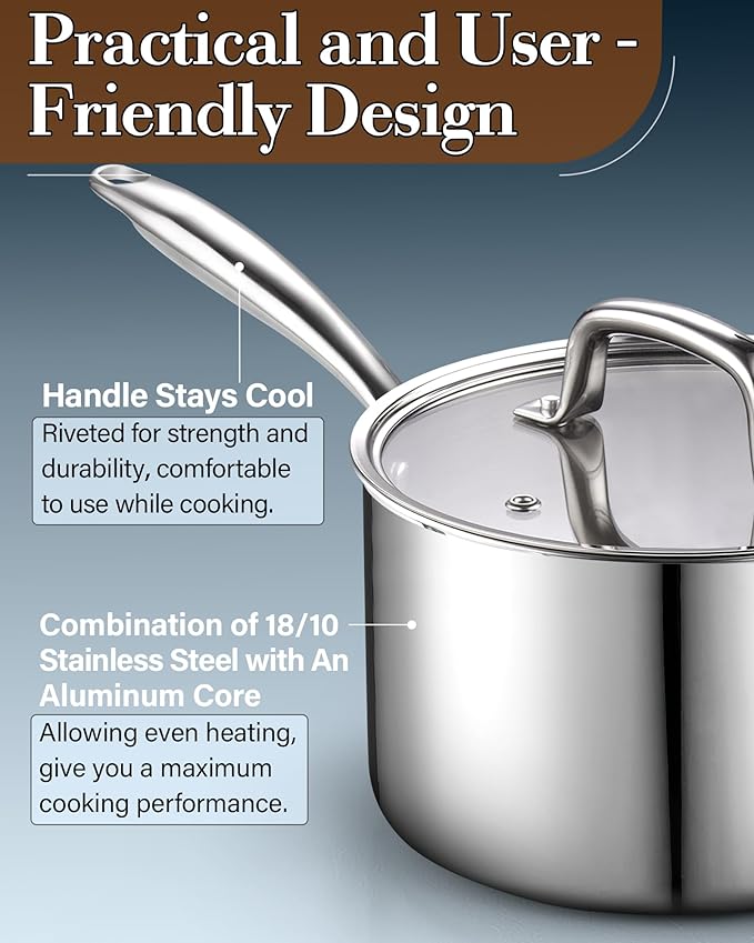 Tri-Ply Stainless 3Qt Saucepan with Glass Lid