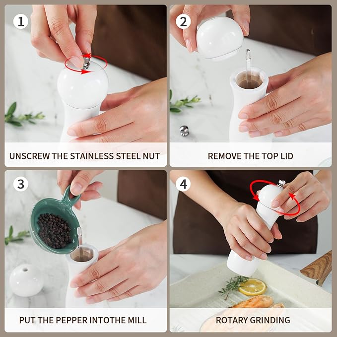 White Ashwood Salt and Pepper Grinder Set - 6.5 inch Adjustable Coarseness