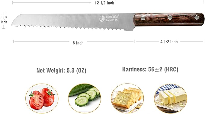 UMOGI 8" Serrated Bread Knife - German Steel with Wood Handle & Sheath