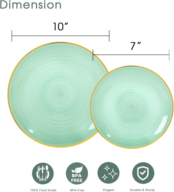 Elegant Green 100PC Plastic Plate Set with Gold Rim