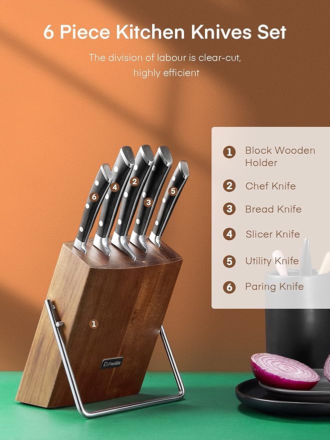 D.Perlla Precision 6-Piece Knife Set with German Steel & Acacia Block
