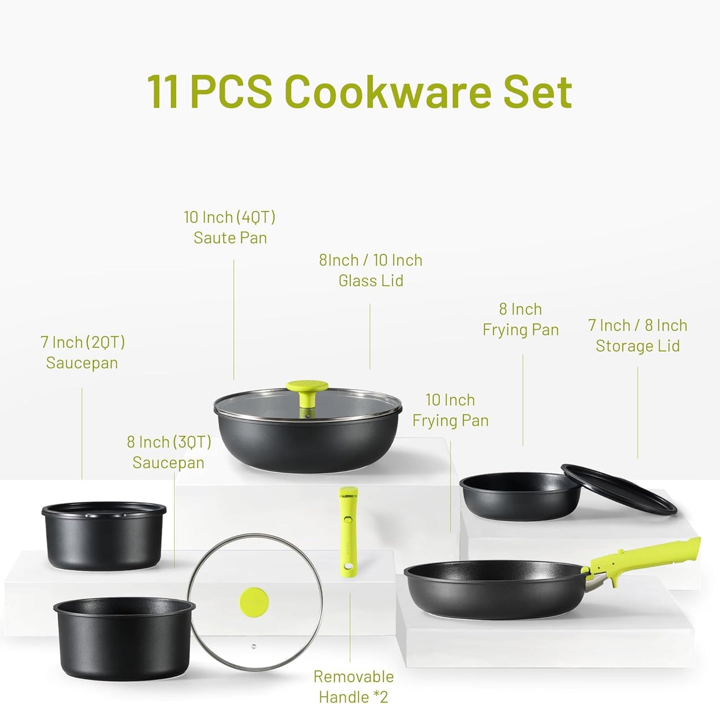 CAROTE 11pc Nonstick Cookware Set with Detachable Handles