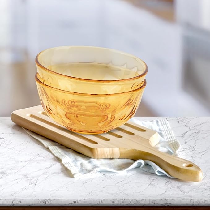 BEVIEVER Amber Glass Mixing Bowls 6.6 Inch 34 OZ Large Premium Glass Salad Bowl Baking Soup Dessert and Snacks Bowl Kitchen Essentials of 2 Pack Dishwasher Microwave and Oven Safe