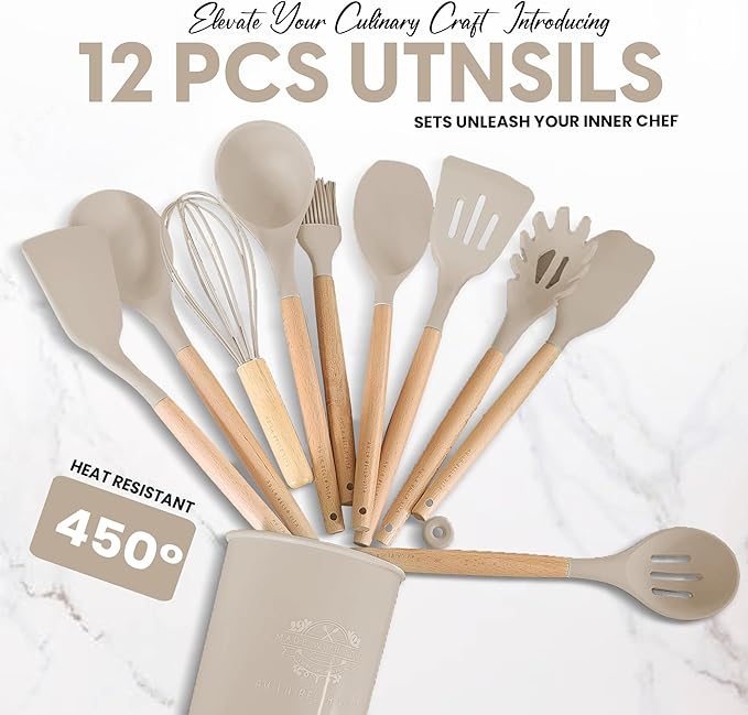 Bella Vita 12-Piece Silicone Kitchen Set with Wooden Handles