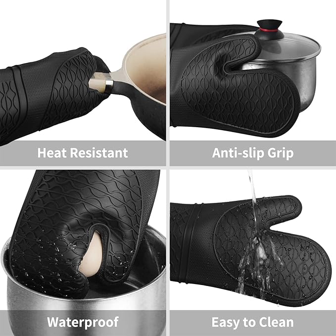 Silicone Grip Oven Mitts 600°F - Pair of Black Waterproof Gloves