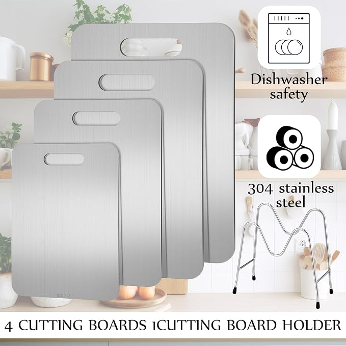 Yaocom 4-Piece Stainless Steel Cutting Boards Set with Stand