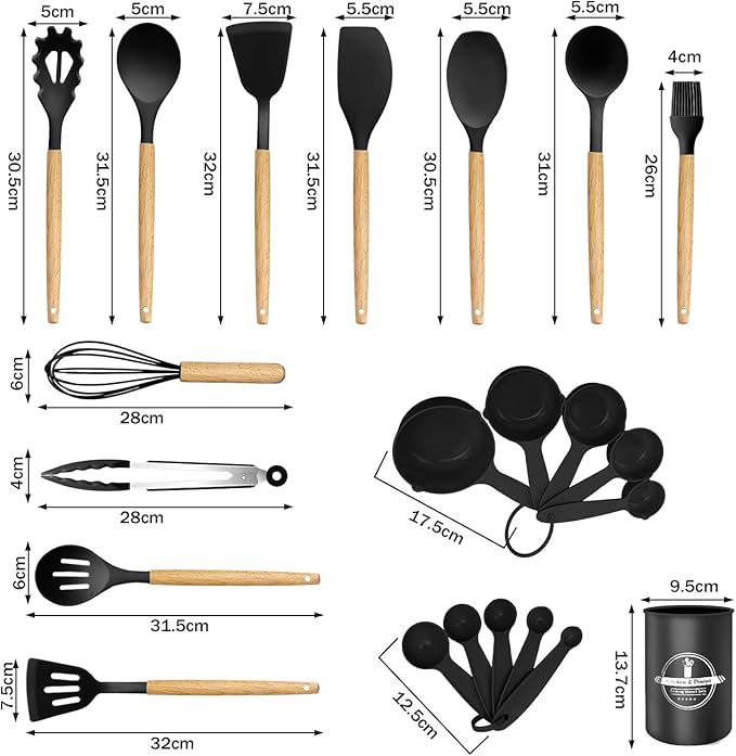 Silicone Cooking Utensils Set 22 PCS Kitchen Utensils Set 446℉ Heat Resistant Non-Stick Silicone Cooking Kitchen Utensils with Wooden Handle Kitchen Gadgets Tools Set for Nonstick Cookware