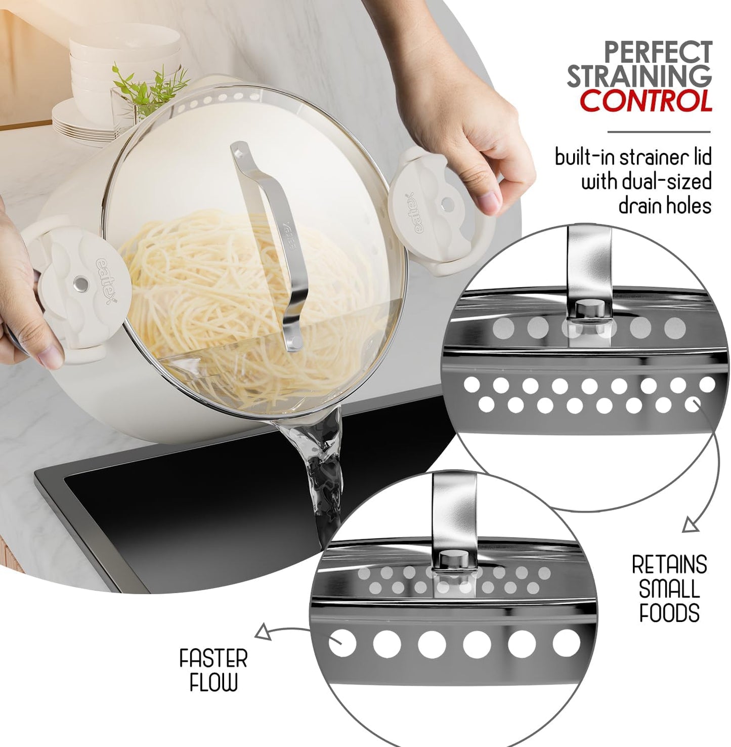 Strain & Simmer 5 Qt Pasta Pot - Stainless Steel with Nonstick Ceramic