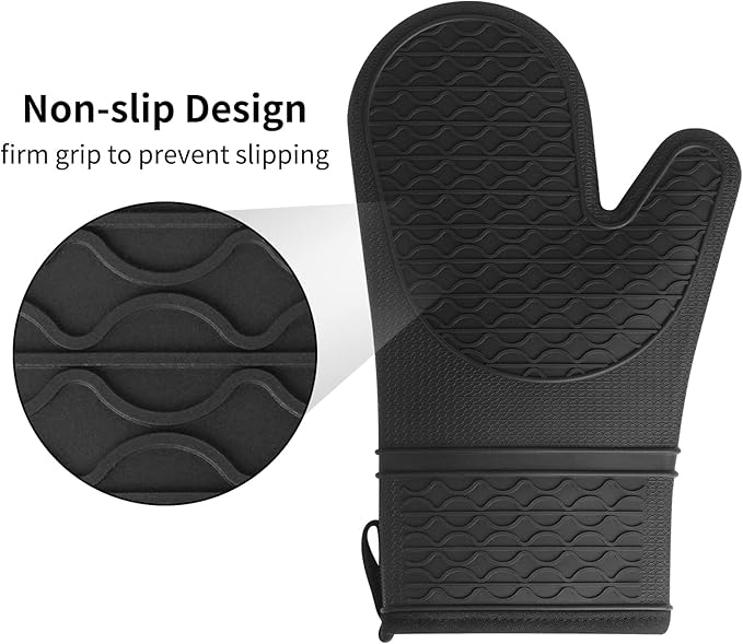 Silicone Grip Oven Mitts 600°F - Pair of Black Waterproof Gloves