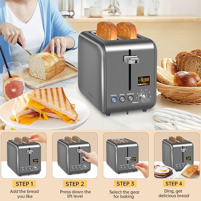 SEEDEEM Dual Slice LCD Toaster - Stainless Steel with Multi-Settings