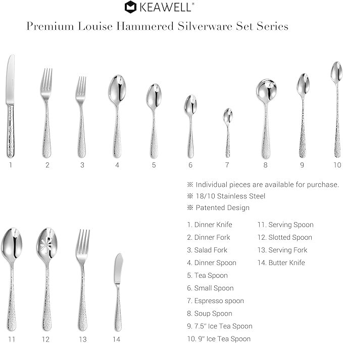 KEAWELL Elegant Hammered 4-Piece Stainless Steel Spoon Set