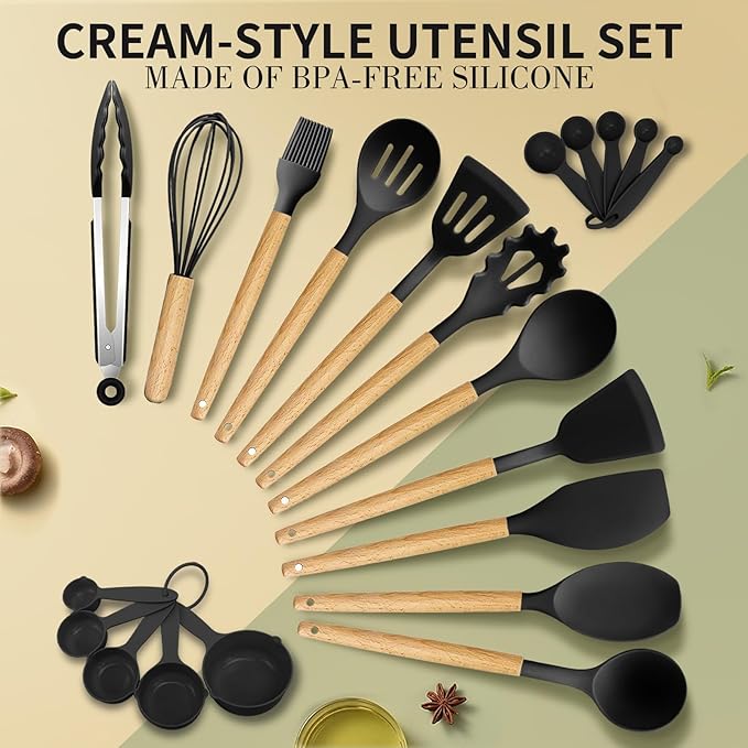 Silicone Cooking Utensils Set 22 PCS Kitchen Utensils Set 446℉ Heat Resistant Non-Stick Silicone Cooking Kitchen Utensils with Wooden Handle Kitchen Gadgets Tools Set for Nonstick Cookware